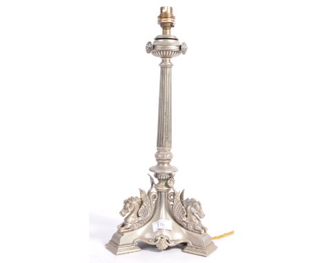 A stunning 19th Century English antique silver plated plate table lamp raised on a tripod figural base with winged horse pega