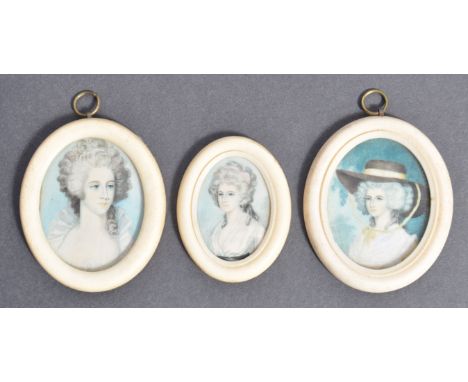 A family set of three 18th Century antique hand painted portrait miniatures on ivory set to ivory frames. Each of oval form d