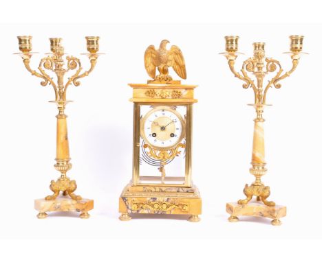 Samuel Marti of Paris - An early 20th Century French antique four panel mantel clock and garniture set in ormolu and orange /