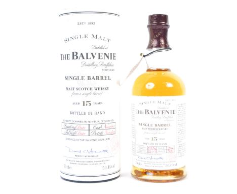 An original The Balvenie Single Malt Single Barrel Scotch Whisky. Aged 15 years and bottled by hands. Complete in presentatio