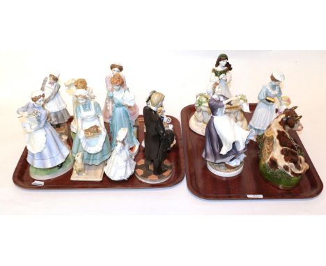 Nine Royal Worcester 'Upstairs Downstairs' figures; two further Royal Worcester figures; a Royal Doulton figure; a Coalport f