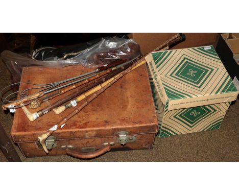 Brown leather suitcase; Christys London black bowler hat &amp; another; two childrens books; crops; shoe horns etc 