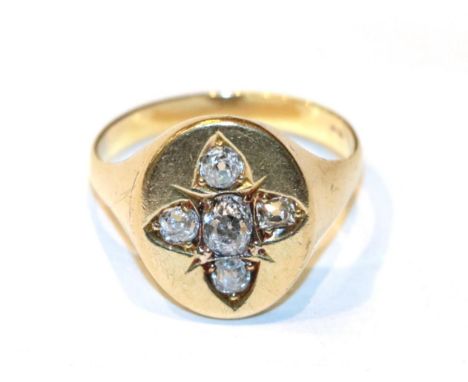 An old cut diamond quatrefoil ring, finger size U.  Gross weight 6.4 grams. 
