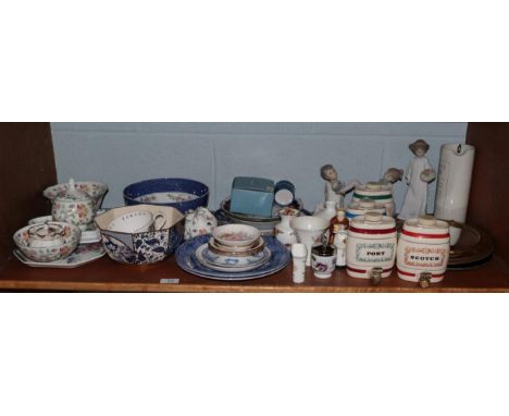 Various pottery and porcelain including Wade spirit barrels; Minton Haddon Hall tablewares; Nao figures; Royal Worcester snuf