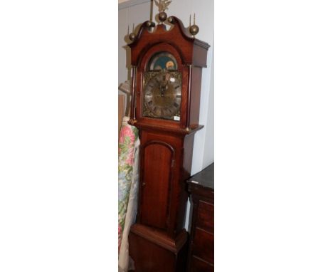 An oak and mahogany crossbanded longcase clock, R.V. Boulton of Grimsby, moon-roller, 8 date movement, Roman dial, subsidiary