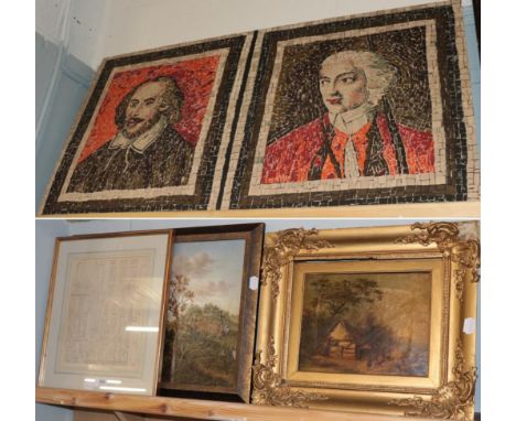 A modern printed tapestry panel of William Shakespeare and David Garrick; together with a print after Lowry; a 19th century o
