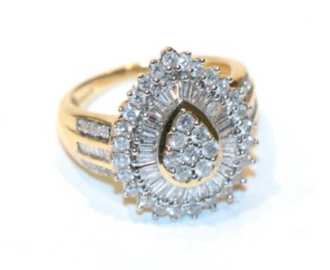 A 14 carat gold pear shaped diamond set plaque ring, finger size O1/2.  Gross weight 5.3 grams. 