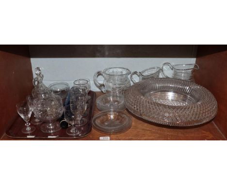 A quantity of glass to include a cut glass bowl; a Victorian rolling pin; jugs; ice plates etc