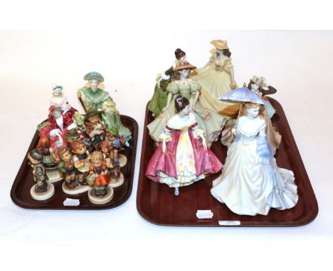Two trays of Royal Doulton ladies and Goebel figures