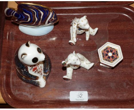 A Royal Crown Derby Imari palette Panda paperweight; an Angel Fish; two Bears and a trinket box (5)