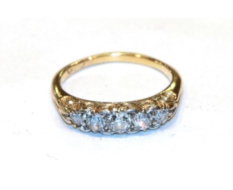 An old cut diamond five stone ring, circa 1900, finger size L.  Gross weight 3.6 grams 