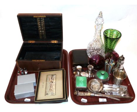 A group lot of silver, silver plate and other items including: a group of spoons; silver and enamel dressing table box; glass