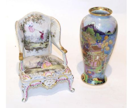 Chinoiserie decorated Carlton ware vase; together with a French faience chair