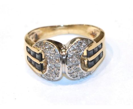 A sapphire and diamond ring, stamped '585', out of shape .  Gross weight 3.2 grams. 