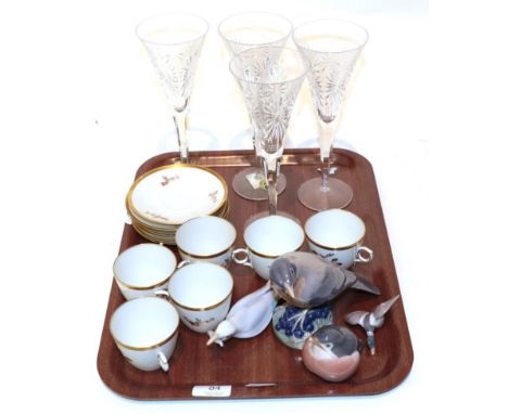 A set of six Royal Copenhagen cups and saucers; together with four Royal Copenhagen models of birds; and four Waterford cryst