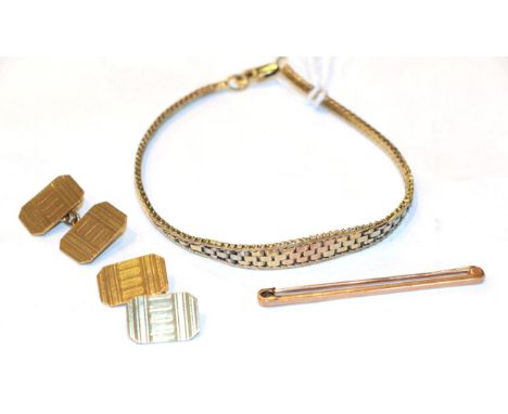 A three-colour bracelet, unmarked, length 20cm; a pair of 9 carat gold cufflinks; a tie bar, stamped '9C'; and a stick pin . 