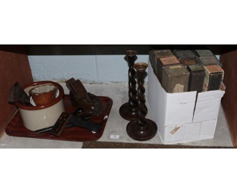 A collection of pianola rolls (boxed); assorted tools; kitchenalia; two small convex mirrors; and a pair of oak barley twist 