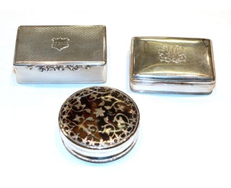 A George III silver snuff-box; A William IV silver snuff-box and a pique inlaid tortoiseshell bonboniere, the first maker's m