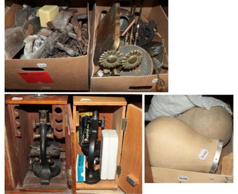 Three vintage millinery head mounts, a late 19th century white cotton underskirt, two cased students microscopes, a quantity 