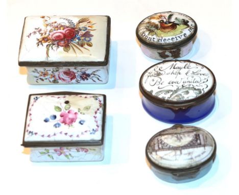 A Staffordshire enamel oval patch box, late 18th century, printed with The Iron Bridge at Coalbrookdale, 4.5cm wide; two simi