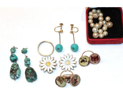 A pair of turquoise matrix drops; a diamond eternity ring (a.f.); buttons; a pair of daisy enamel clip earrings; and simulate