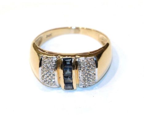 A sapphire and diamond ring, stamped '14K, finger size N.  Gross weight 3.6 grams. 