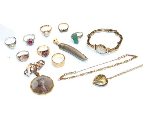 A selection of jewellery comprising of a lady's Wagen wristwatch stamped 18K with attached 9 carat gold bracelet; a heart sha