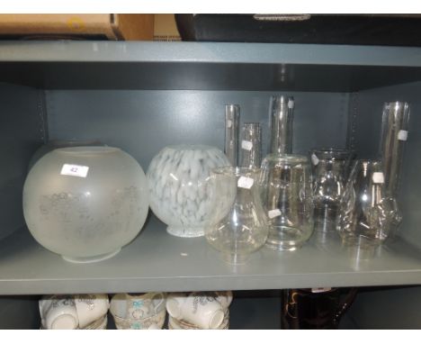 A selection of oil lamp and similar light shades including etched and mottled