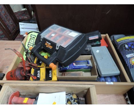 A selection of builders and work shop tools including oil can selection