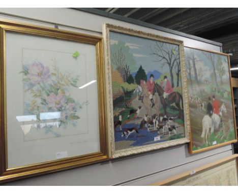A selection of embroidery including hunting scenes 