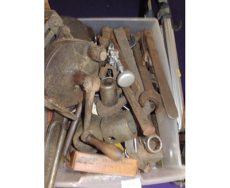 A selection of garage and woodworkers tools including grinding stone