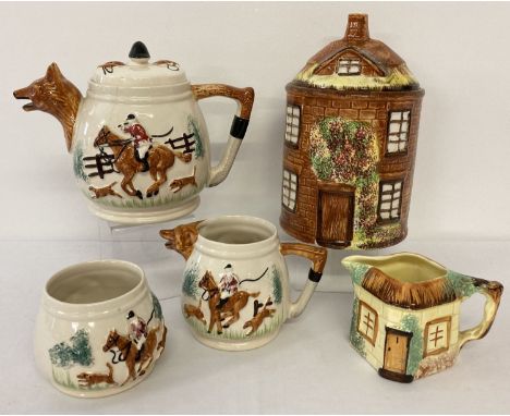 A vintage Portland Potteries 3 piece tea set with fox hunting design &amp; fox head shaped spouts. Together with a Prices, Ke