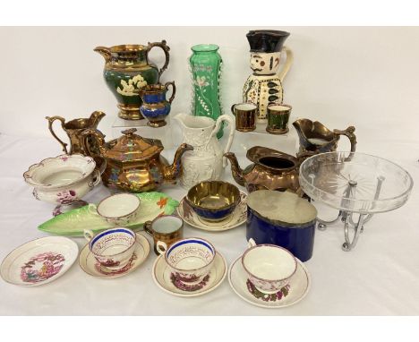 A quantity of antique and vintage ceramics and glassware. To include Victorian hand painted green glass vase, Art Decco bowl,