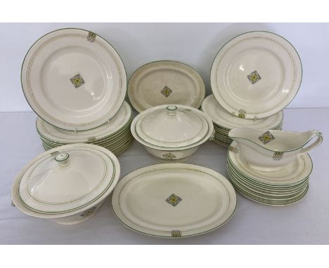 A collection of mid century Mintons Ceramic dinner ware in green &amp; yellow patternation. Comprising: 12 x 10" plates, 12 x