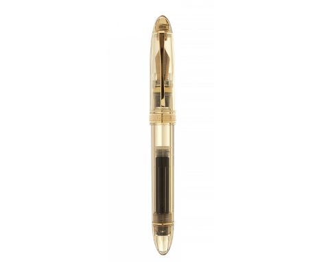 OMAS 360 TRIANGULAR FOUNTAIN PEN.Translucent yellow celluloid barrel.Limited edition.Nib in 18kt yellow gold. M point.Click c