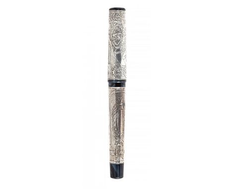 DELTA FOUNTAIN PEN "NAPOLEON BONAPARTE BLUE EDITION".Sgraffito silver barrel with blue resin details.Limited edition. Exempla