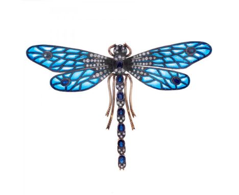 Brooch pendant, modernist style, 20th century. Model with beautiful "pliqué a jour" enamel, sapphires and diamonds. Clasp wit