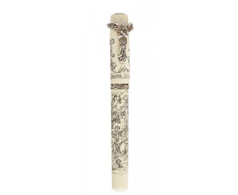 VISCONTI FOUNTAIN PEN "DIVINA COMEDIA".Vanilla-coloured celluloid barrel with black carvings and silver details and ornamenta