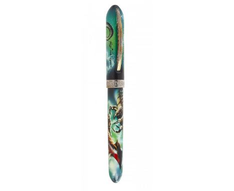 VISCONTI "THE DRAGON" FOUNTAIN PEN.Celluloid barrel with sgraffito by Claudio Mazzi and silver details and ornamentation.Limi