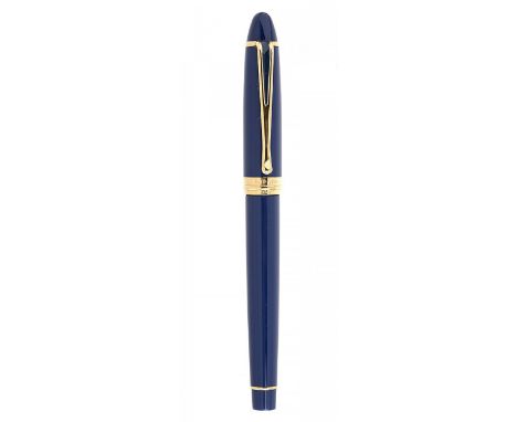 AURORA FOUNTAIN PEN.Blue resin barrel with rose gold details and ornamentation.Limited edition.Nib in 18kt yellow gold. M poi