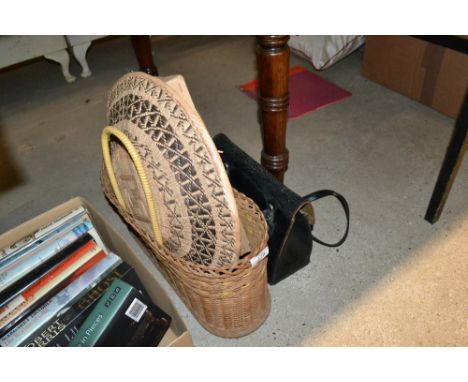 A vintage wicker basket; handbag; coloured print etc. 