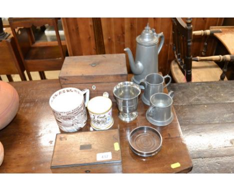 A Crown Devon mug and a gilt and floral decorated mug; silver plated coaster; a pewter items etc. 