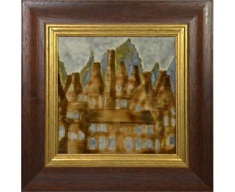 A Cobridge stoneware tile 'Bottle Ovens'. Impressed and printed marks. 20cm x 20cm.