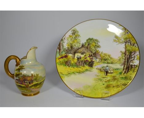 A Royal Worcester flat back jug and plate, jug signed by W. long, depicting Elmley, Worcestershire, shape number 1094. Date c