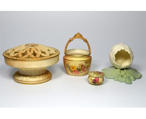 A Royal Worcester blush ivory basket and bowl with cover, with gilded trim and floral decoration to the bodies. Shape number 