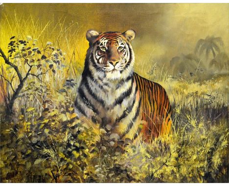 A 20th century portrait of a tiger, oil on canvas, indistinctly signed, framed. 61cm x 75cm.