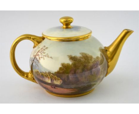 A Royal Worcester teapot, Cottage Lane, Gloucestershire, titled and signed R Rushton, date code for 1925. Height 11cm.