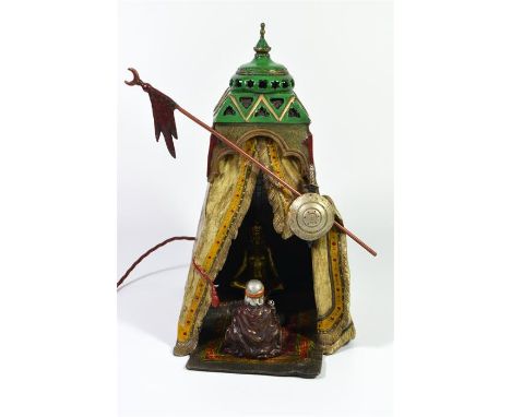 A cold painted bronze harem lamp. Height 34cm. 