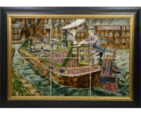 A Cobridge stoneware six tile, 'Phoenix, Canal Barge, Etruria, Stoke-on-Trent'. Dated 98. Impressed marks. 40cm x 60cm.