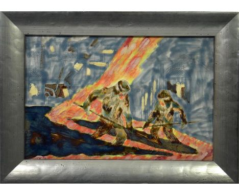 A Cobridge stoneware double tile 'Blast Furnace'. Impressed and printed marks. 20cm x 30cm.